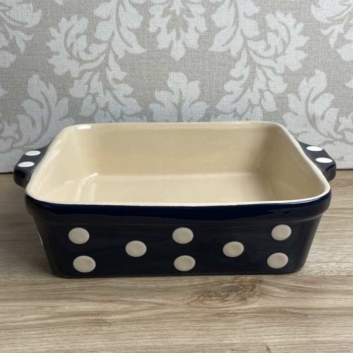 Plat à gratin carré gros pois bleu
